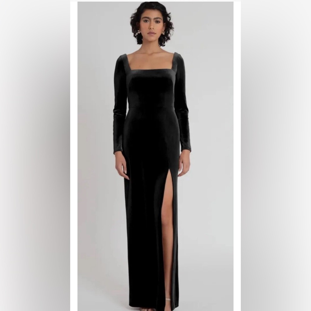 Jenny Yoo Rachel Velvet Gown Square Neck Long Sleeve Side Slit Black Size 14 - Picture 4 of 11